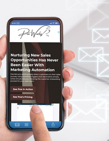 Poe Works Marketing Automation page on a cellphone