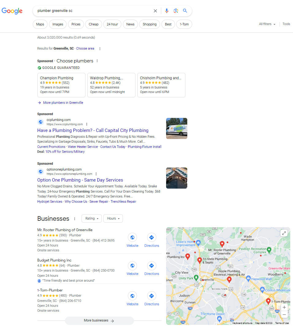 businesses-rank-on-google-map-pack-seo Google search for "Plumber near me" showing results and the google map pack