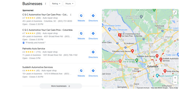 google-map-pack-google-business-profile-optimization Screenshot of "repair near me" google search map pack of Columbia SC