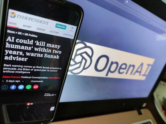 an Independent Article headline of "AI could 'kill many humans' within two years. 
