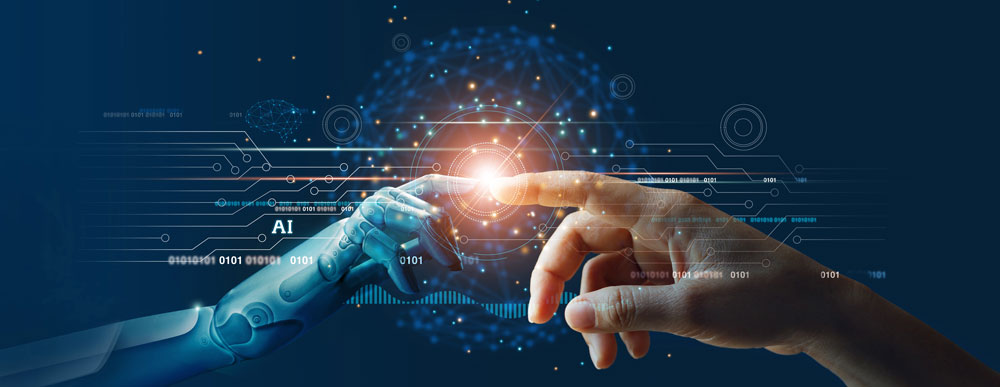 humans-and-ai- Human hand and robot hand touching.