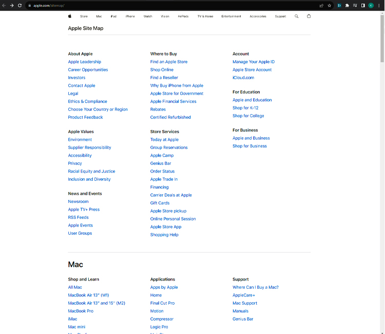 An example of an HTML Sitemap on Apple.com