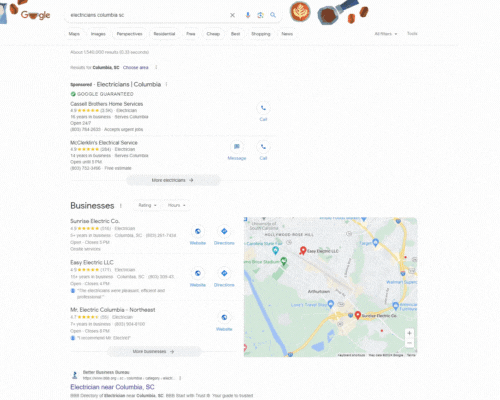 GIF showing Organic Search Results for Electrician near Columbia SC.